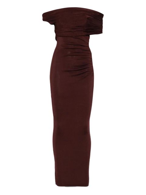 Self-Portrait off-shoulder ruched midi dress - Brown - zdjęcie produktu nr 1