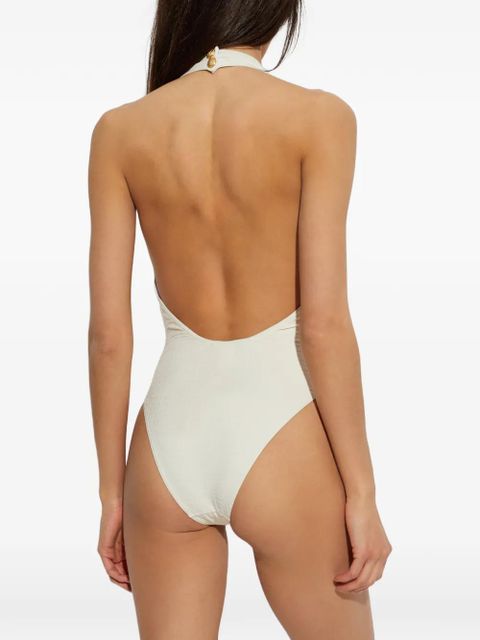 Balmain monogram-jacquard halterneck swimsuit - White