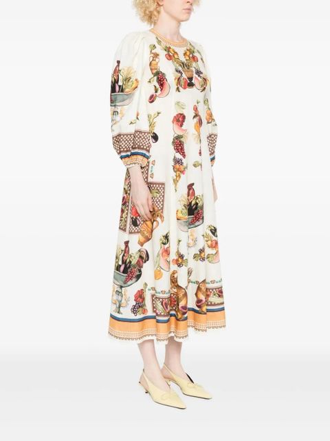 ALEMAIS Mercado fruit-print puff-sleeve midi dress - White