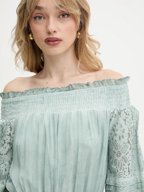 Guess bluzka z domieszką jedwabiu AUDREY damska kolor turkusowy wzorzysta W5GH0S WE550