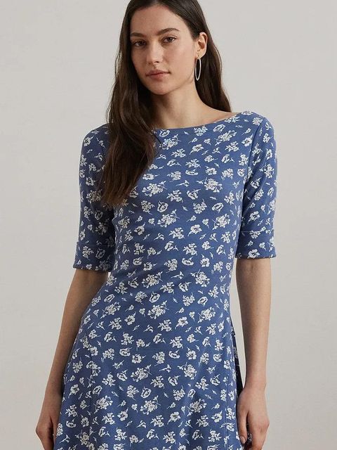 Lauren Ralph Lauren sukienka bawełniana kolor niebieski midi rozkloszowana 200976993