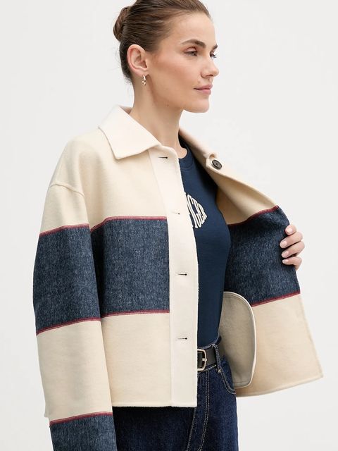 Tommy Hilfiger kurtka z dodatkiem wełny kolor beżowy przejściowa oversize WW0WW47743