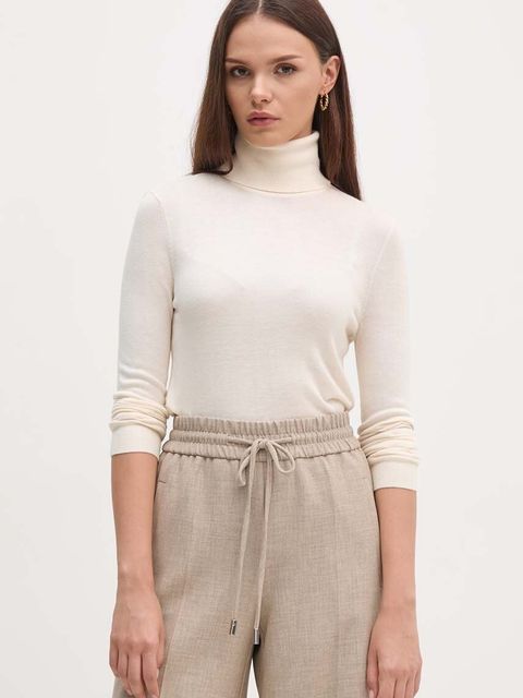 Lauren Ralph Lauren sweter z domieszką jedwabiu kolor beżowy lekki z golfem 200940470 - zdjęcie produktu nr 1