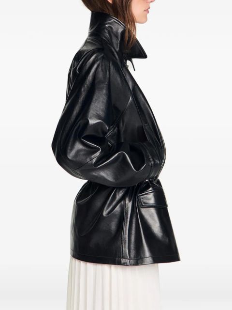 SANDRO shirt collar leather jacket - Black