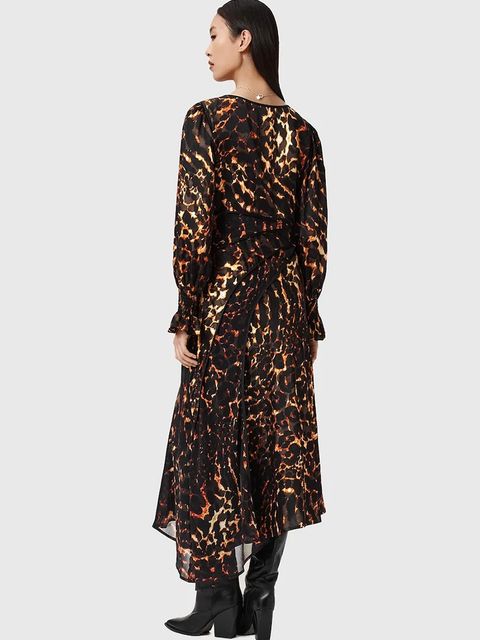 AllSaints sukienka z dodatkiem jedwabiu kolor brązowy midi rozkloszowana W102DD - zdjęcie produktu nr 2