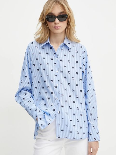 Karl Lagerfeld koszula bawełniana damska kolor niebieski relaxed z kołnierzykiem klasycznym A1W11038