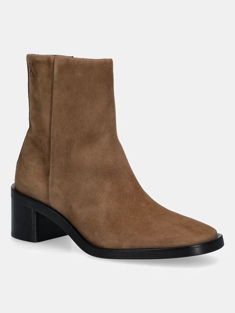 Calvin Klein botki zamszowe BLOCK HEEL ZIP BOOT SUE damskie kolor brązowy na słupku HW0HW02592 - zdjęcie produktu nr 1