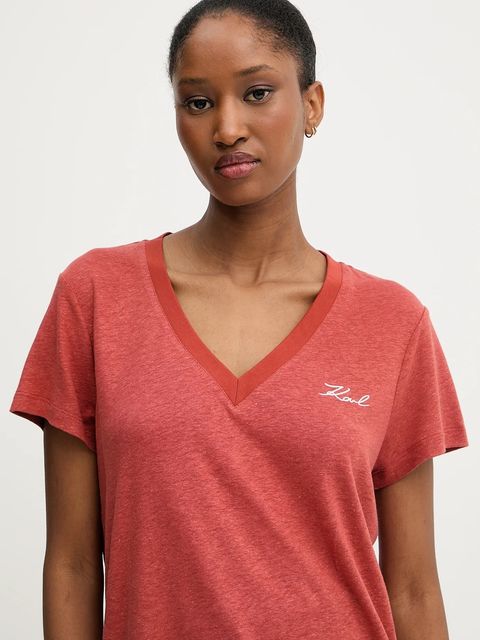 Karl Lagerfeld t-shirt lniany damski kolor czerwony A3W17070