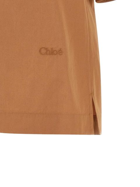 Chloé logo-embroidered gathered shirt - Brown