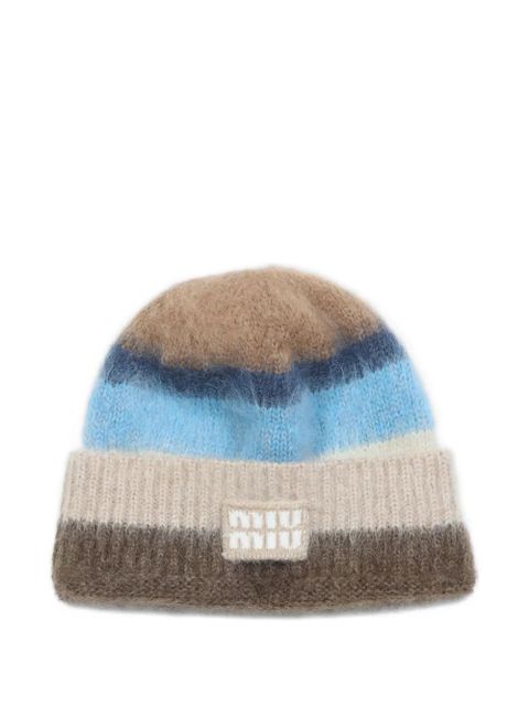 Miu Miu striped logo-patch beanie hat - Brown - zdjęcie produktu nr 1