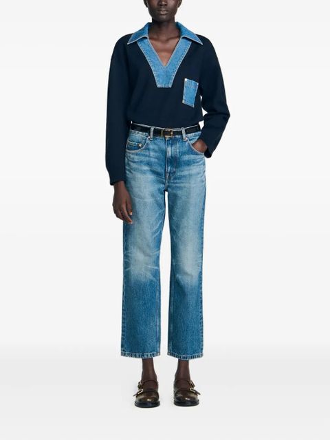 SANDRO denim-trimmed V-neck sweatshirt - Blue - zdjęcie produktu nr 2