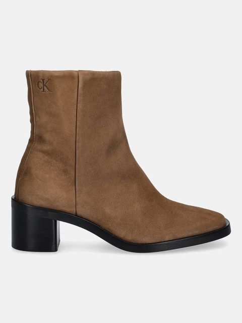 Calvin Klein botki zamszowe BLOCK HEEL ZIP BOOT SUE damskie kolor brązowy na słupku HW0HW02592