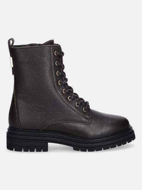 Tommy Hilfiger workery skórzane TH PLAQUE PEBBLE LACE BOOT damskie kolor brązowy na platformie lekko ocieplone FW0FW08767