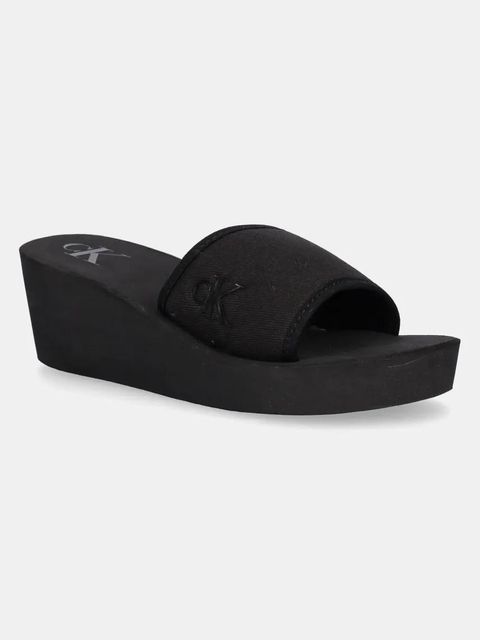 Calvin Klein Jeans klapki BEACH WEDGE SLIDE CANVAS damskie kolor czarny na koturnie YW0YW01725 - zdjęcie produktu nr 1