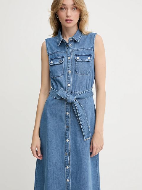 Morgan sukienka jeansowa kolor niebieski midi prosta RJEAN