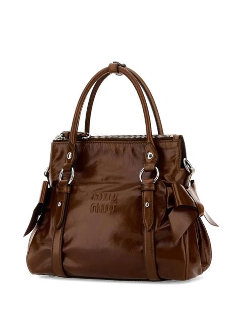 Miu Miu bow-embellished logo-embossed leather tote bag - Brown