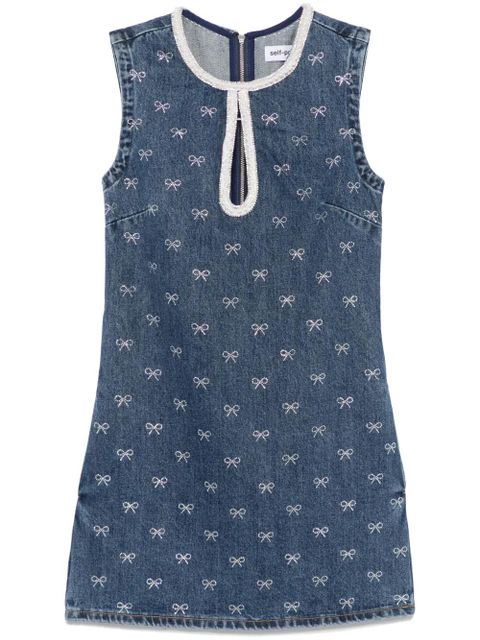 Self-Portrait crystal-bow denim mini dress - Blue - zdjęcie produktu nr 1