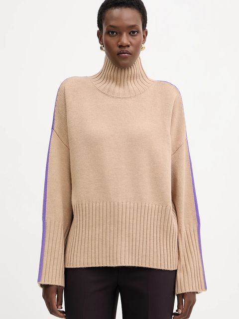 Pinko sweter wełniany damski kolor beżowy lekki z golfem 105396 A2PL