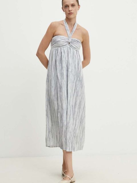 Answear.LAB sukienka z lnem kolor szary midi rozkloszowana