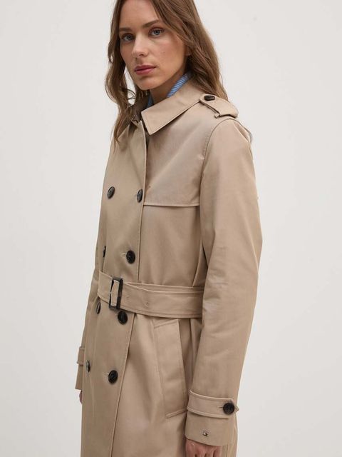Tommy Hilfiger trencz damski kolor beżowy przejściowy dwurzędowy WW0WW42133