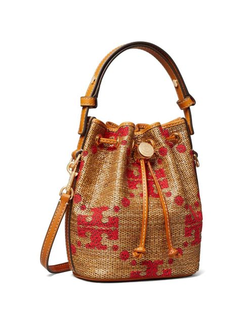 Tory Burch T Monogram straw mini bucket bag - Neutrals