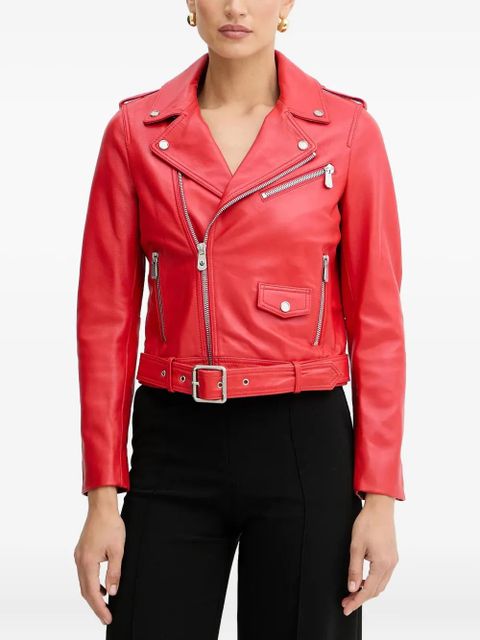 PINKO belted zip-front leather biker jacket - Red - zdjęcie produktu nr 1
