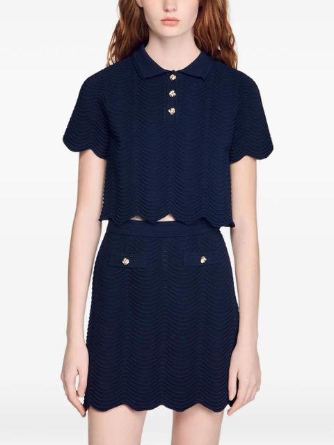 SANDRO scalloped cropped polo top - Blue