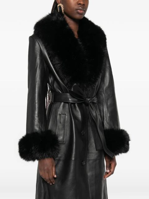 Self-Portrait faux fur-collared belted coat - Black