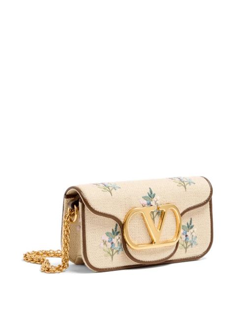 Valentino Garavani Locò small linen shoulder bag with embroidery - Neutrals