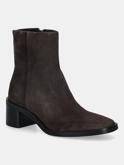 Calvin Klein botki zamszowe BLOCK HEEL ZIP BOOT SUE damskie kolor brązowy na słupku HW0HW02592
