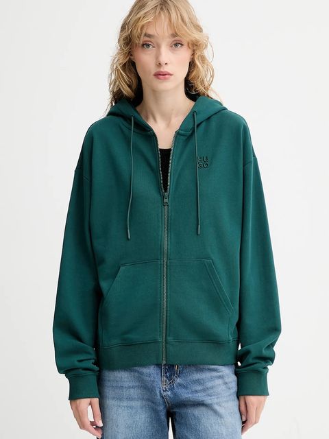 HUGO bluza bawełniana damska kolor zielony z kapturem gładka 50535240 - zdjęcie produktu nr 1