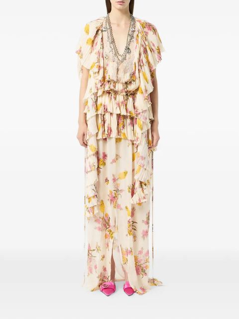 Blumarine floral pleated ruffled dress - Neutrals