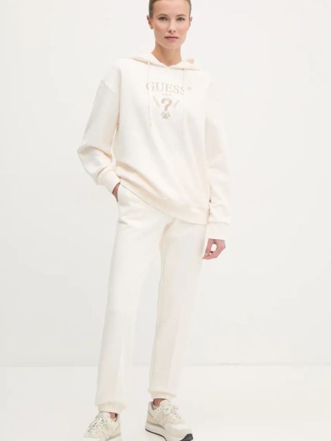 Guess bluza ROBERTA damska kolor beżowy z kapturem z aplikacją V5RQ11 KC3D2