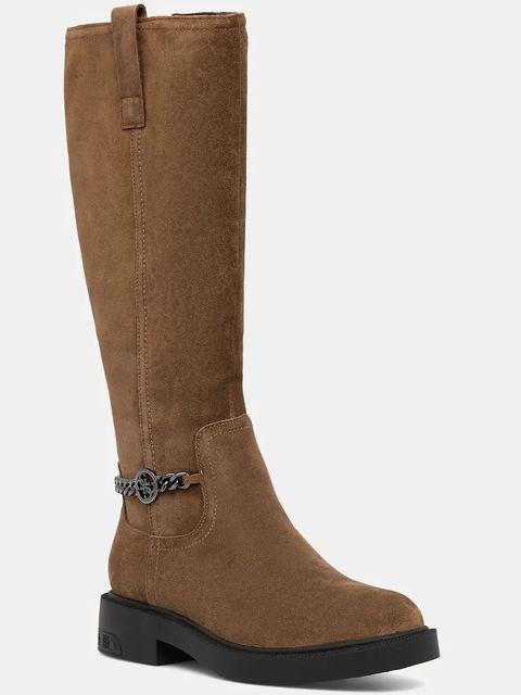 Guess kozaki zamszowe FYONAL2 damskie kolor brązowy na płaskim obcasie FLFYN2 LEA11 - zdjęcie produktu nr 1