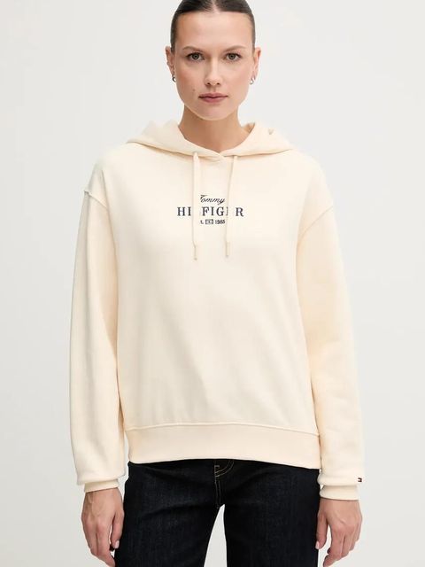 Tommy Hilfiger bluza bawełniana damska kolor beżowy z kapturem z aplikacją WW0WW45528