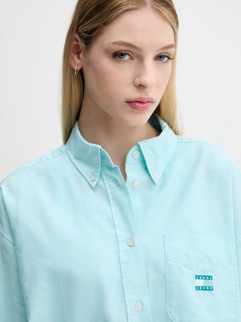 Tommy Jeans koszula damska kolor turkusowy relaxed z kołnierzykiem klasycznym DW0DW20988