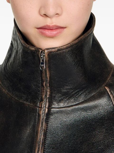 SANDRO leather bomber jacket - Brown