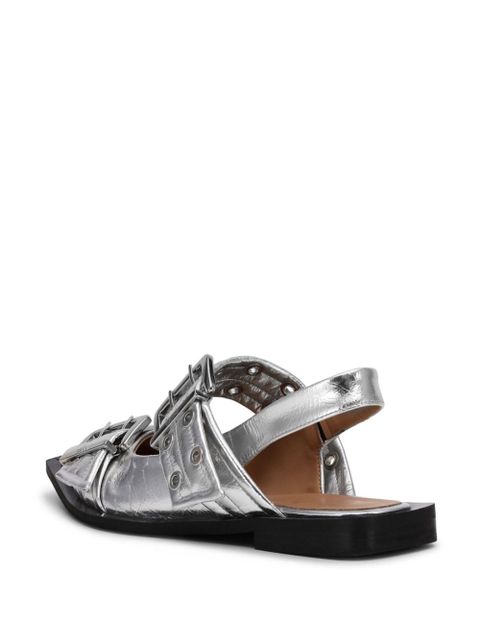 GANNI double-buckled metallic-effect ballerina shoes - Silver