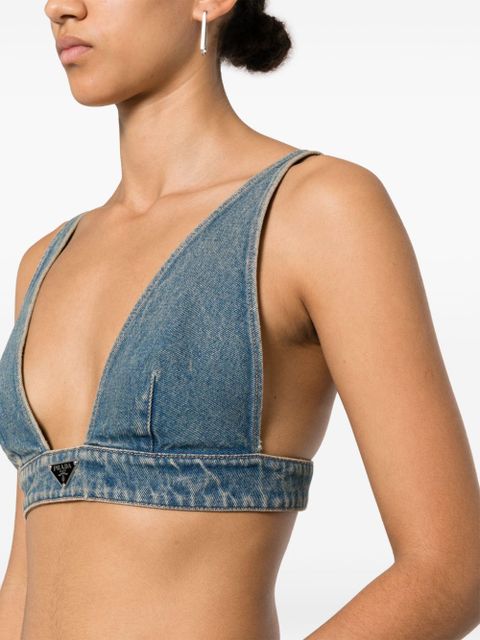 Prada triangle-logo denim crop top - Blue