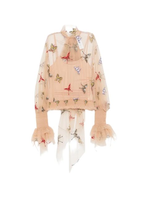 Blumarine butterfly-embroidered mesh blouse - Neutrals - zdjęcie produktu nr 1