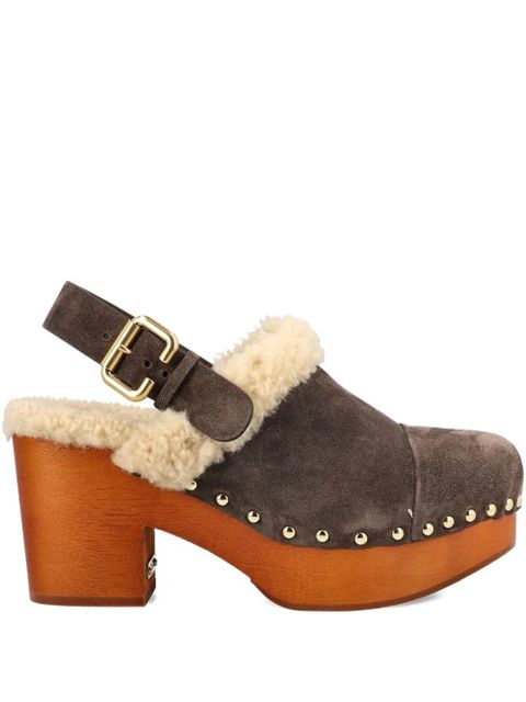 Chloé 80mm shearling-trimmed studded clogs - Brown