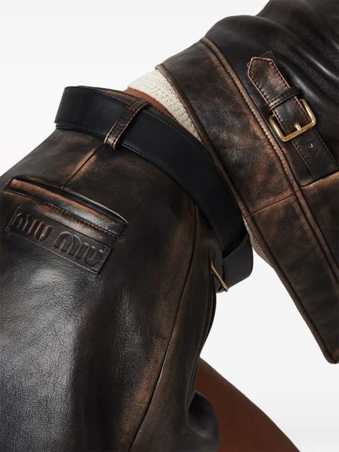 Miu Miu distressed leather mini shorts - Brown