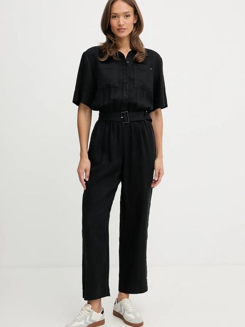 Tommy Hilfiger kombinezon lniany kolor czarny z kołnierzykiemm WW0WW47168