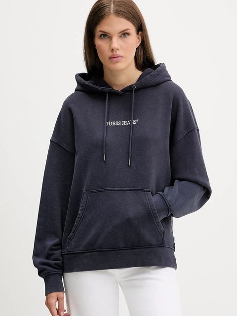 Guess Jeans bluza bawełniana damska kolor granatowy z kapturem z aplikacją W5BQ15 KCPR1 - zdjęcie produktu nr 1