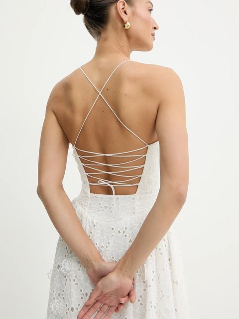 Bardot sukienka bawełniana kolor biały maxi rozkloszowana 59786DB2