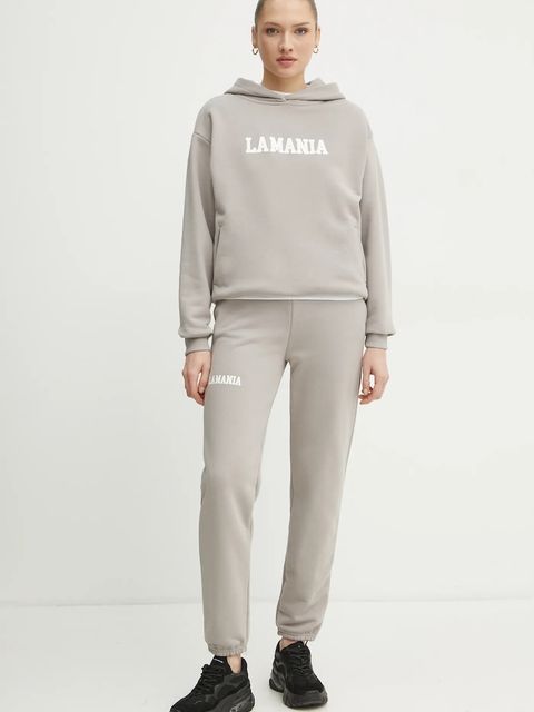 La Mania bluza damska kolor szary z kapturem z nadrukiem YOUNG