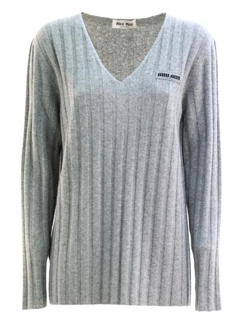 Miu Miu V-neck ribbed sweatshirt - Grey - zdjęcie produktu nr 1