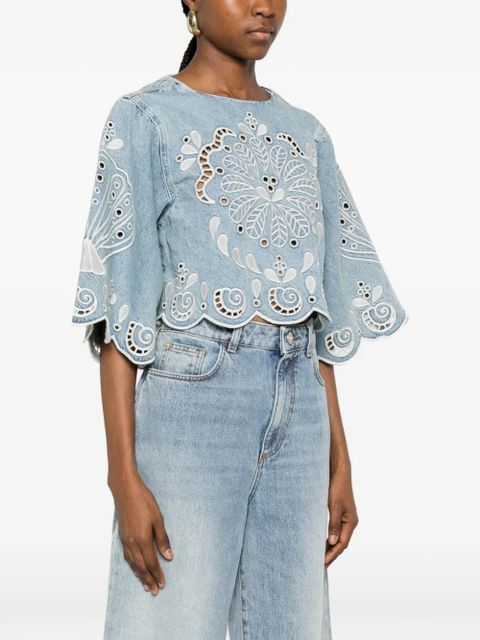 FARM Rio Richelieux geometric-embroidered blouse - Blue