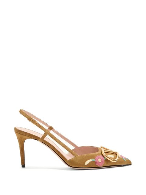 Valentino Garavani VLogo Signature slingback pumps in crust leather with floral embroidery 80mm - Brown - zdjęcie produktu nr 2
