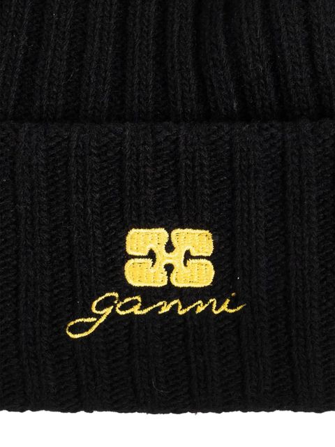 GANNI logo-embroidered beanie hat - Black